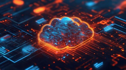 Computer network visualization with a bold cloud logo, showing seamless integration of technology and digital data flow