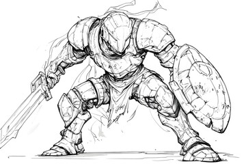 Fototapeta premium A black and white drawing of a knight in full armor, holding a sword and shield, ready for battle.