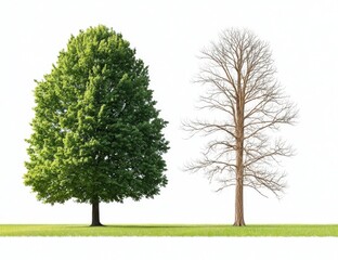 Obraz premium Symbol of doubleness. Leaves from a dead tree on one side and leaves from a live tree on the other side. Isolated on a white background.