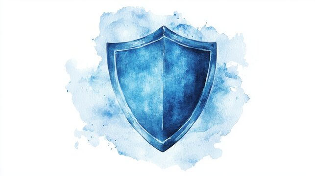 A vibrant blue shield illustration surrounded by soft watercolor splashes, symbolizing protection and security.