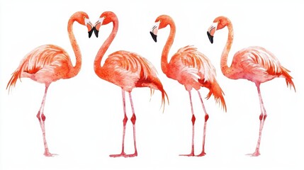 Obraz premium A vibrant illustration of four elegant flamingos showcasing their unique poses and striking pink feathers.