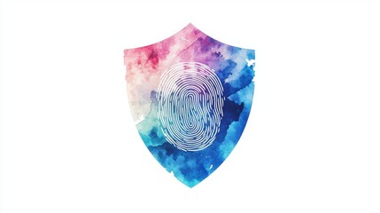 A vibrant shield design featuring a fingerprint, symbolizing security, protection, and individuality in a colorful artistic style.