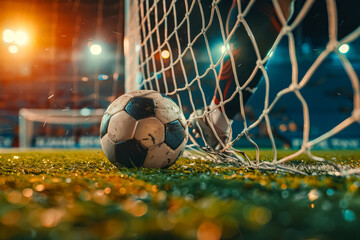 Soccer player is about to kick the ball into the goal. The image is in black and white and has a moody, dramatic feel to it