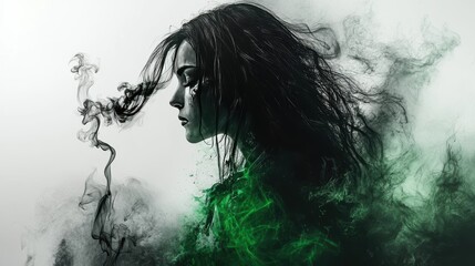 Fototapeta premium Ashtray shown in black and white ink spread heavily with green jump against white stark background. Smoke forms the shape of a long haired woman. Full back tattoo with multicolored ink.