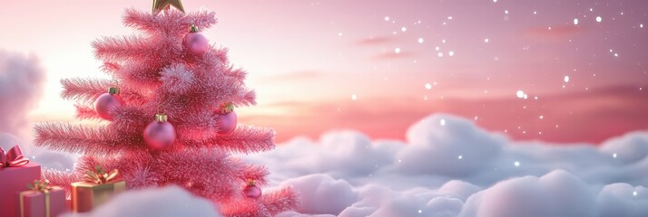 Happy new year, coquette cute girly pink christmas tree with bow. Ai generative