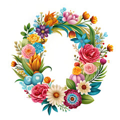 Floral letter O design with colorful flowers and leaves on a white background