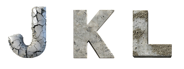 Letters Collection 3D typography letters cement texture  J, K, L. Illustration.on transparent, white background, isolate PNG