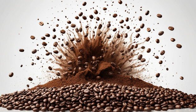 An explosion of coffee beans against a white background