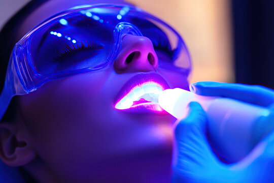 Woman getting laser teeth whitening in a beauty clinic