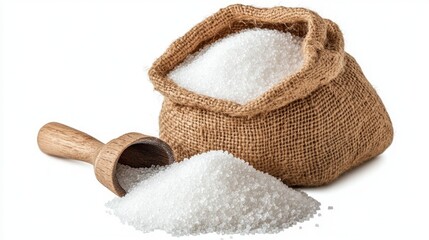 A burlap sack filled with white granulated sugar and a wooden scoop beside it.