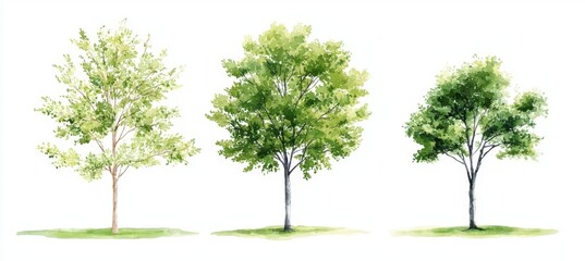 A watercolor of tree side view isolated on a white background is used for drafting landscapes, drawings of gardens, and paintings of botanicals for exterior sections and elevations