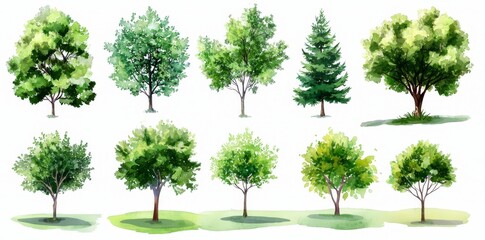 Watercolor tree collection. Handdrawn forest tree collection. Stock-generated trees.