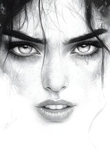 Obraz premium Close-up of a woman's face, drawn in pencil, her eyes are wide open and she is looking at the camera, her mouth is slightly open and she has a determined look on her face.
