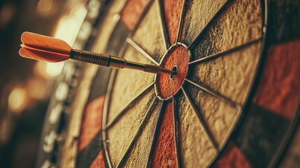 Detailed close-up of a dartboard showing a dart perfectly placed in the bullseye, symbolizing business success