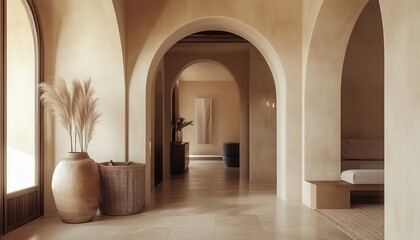 Fototapeta premium Boho, Mediterranean interior design of modern home entryway, hall with arched walls 