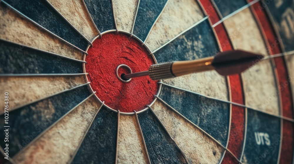 Wall mural detailed dartboard with a dart embedded in the target center, illustrating successful business goals