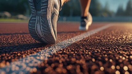 Detailed close-up of a runner foot hitting the ground, showcasing high detail in shoe tread and track surface
