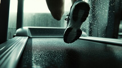 Detailed image of a runners dynamic stride on a treadmill, highlighting high detail in gym environment and movement