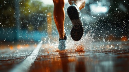 Detailed image of a runner's stride on a rain-slicked track, highlighting high detail in water splashes and movement