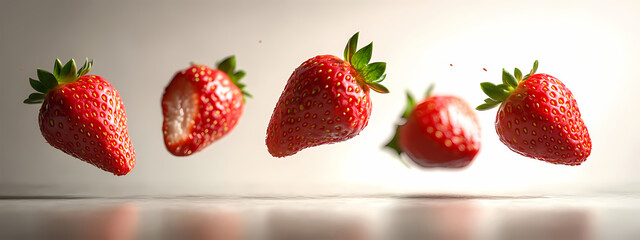 Freeze-Frame Strawbfreeze-frame, strawberries, mid-air, capture, minimalist, background, soft, shadows, gentle, lighting, detailed, texture, vibrant, hues, freshness, lightness, modern, visuals,erries