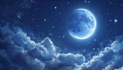 Obraz premium Night sky, crescent moon, stars, clouds, blue, celestial, dreamy, fantasy, peaceful, serene, mystical, magical, ethereal, heavenly, cosmic, astronomy, twilight, moonlight, starry, nighttime, atmospher
