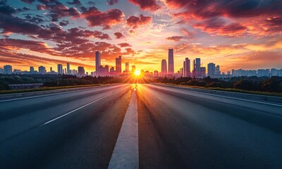A long empty asphalt road leads towards a city skyline with an orange and red sunset in the background.