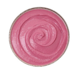 Tasty beetroot hummus in bowl isolated on white, top view