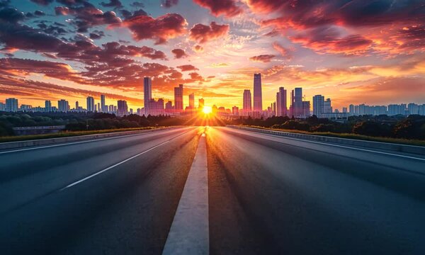 A long empty asphalt road leads towards a city skyline with an orange and red sunset in the background.