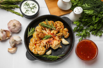Delicious baked cauliflower steaks served on white tiled table, flat lay