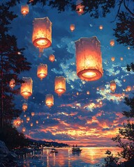 Hundreds of glowing lanterns fill the evening sky over a calm lake, creating a magical and romantic atmosphere.