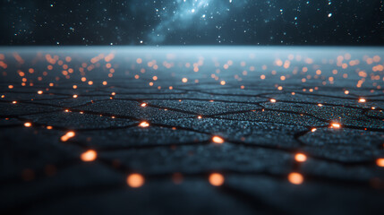 A close-up view of a dark surface illuminated by scattered lights. The background features a twinkling starry sky, creating a magical and mysterious ambiance.