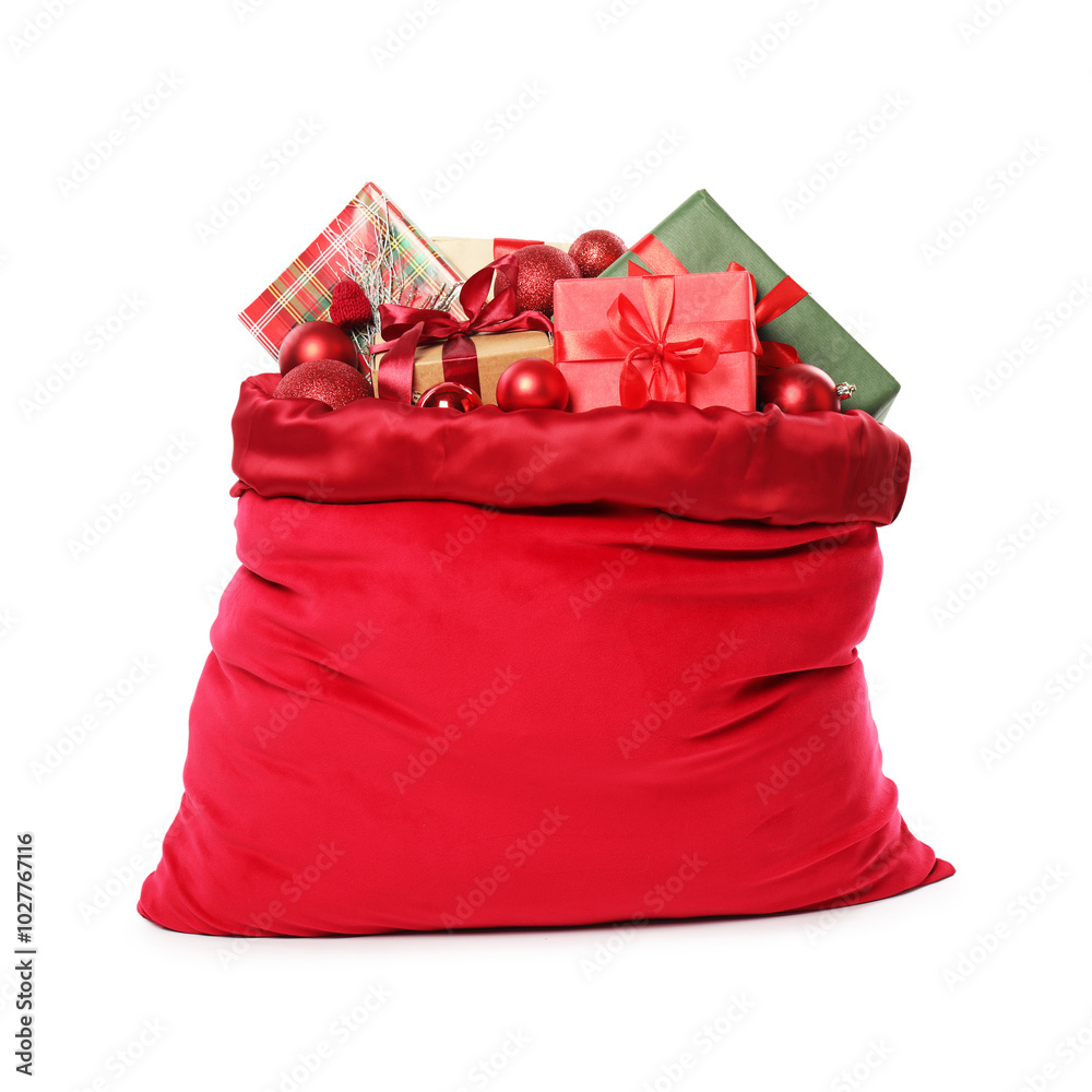 Poster Santa Claus bag with gift boxes and Christmas balls isolated on white