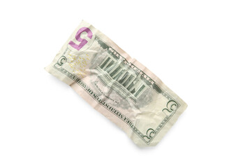 One crumpled dollar banknote isolated on white, top view