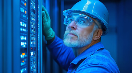 Diligent technician inspecting server racks in a data center during evening hours