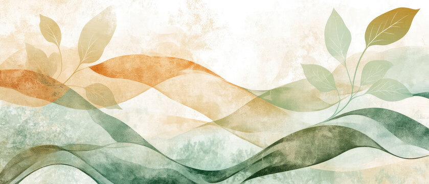 A serene abstract design featuring leaves and undulating waves in warm earthy tones, blending nature and calm in a soft, textured appearance.