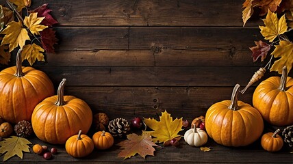 Autumn still life with pumpkins and fall leaves on wooden background