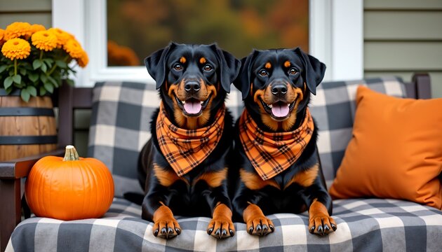 Cozy autumn scene with two happy rottweilers on a porch bench, thanksgiving, halloween