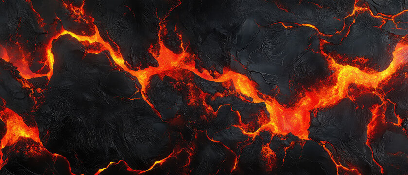 Striking image of molten lava cracks with intense, fiery orange glow against a contrasting black background, showcasing nature's raw and destructive power.