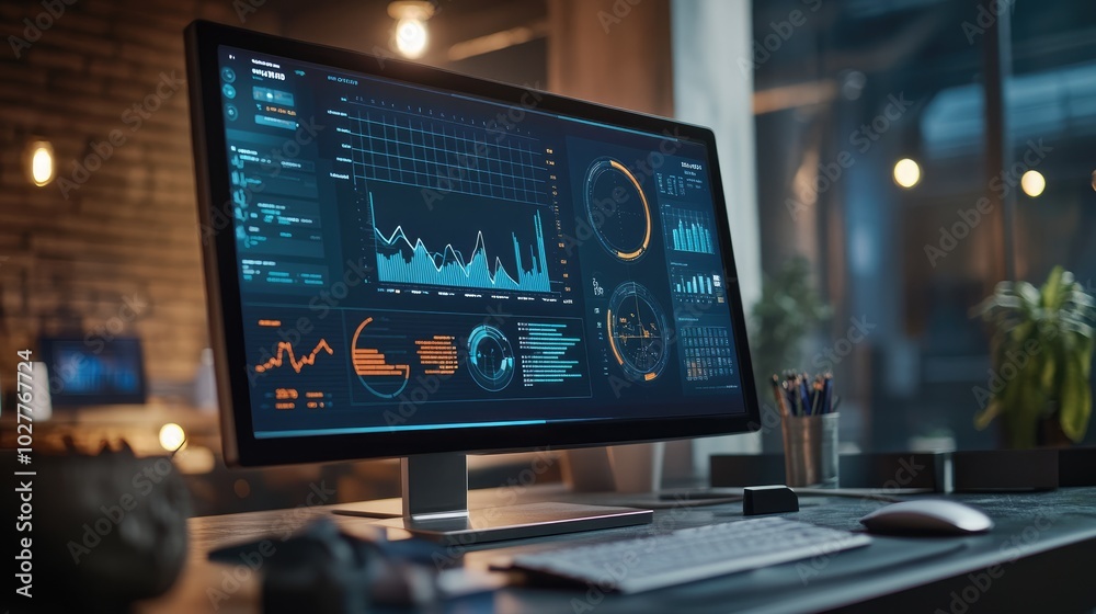 Poster professional setting with a detailed target chart on a digital monitor, showcasing key performance a