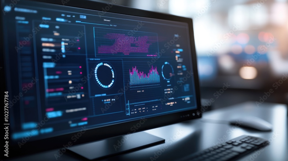 Poster professional setting with a detailed target chart on a digital monitor, showcasing key performance a