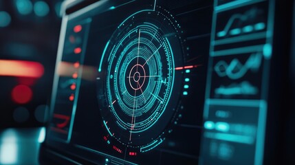 Professional setting with a detailed target chart on a digital monitor, showcasing key performance areas