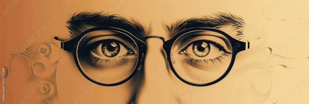 Poster A pair of fashionable eyeglasses rests against a unique backdrop featuring creatively designed eyes, enhancing visual appeal. Generative AI