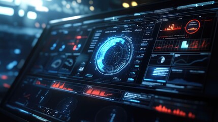 Professional setting with a target-focused dashboard on a digital display, showcasing progress and achievements