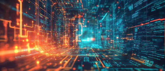 An abstract circuit board design in vibrant orange and blue tones, illustrating the complexity and intricate network of modern technology systems.