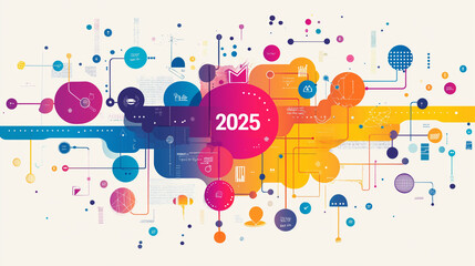 Colorful mind map with 2025 at the center branching out to various business strategies and ideas