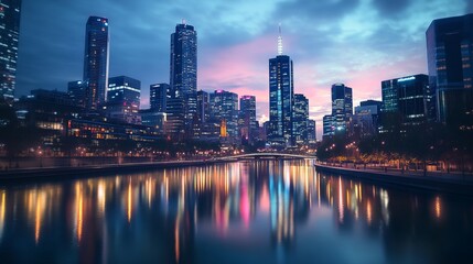 Fototapeta premium Skyscrapers in a modern city skyline at dusk, illuminated by warm lights, vibrant city life, reflection in the river, contemporary architecture, high-resolution details, night scene