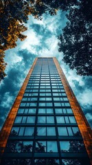 A towering skyscraper with a grid of windows reaches towards a cloudy sky, framed by lush green trees.