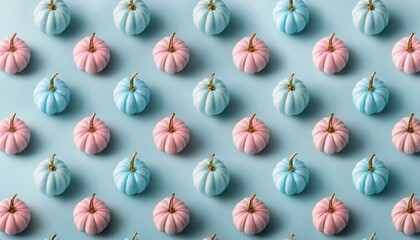 autumn pattern in pastel pink and blue halloween pumpkins minimal background