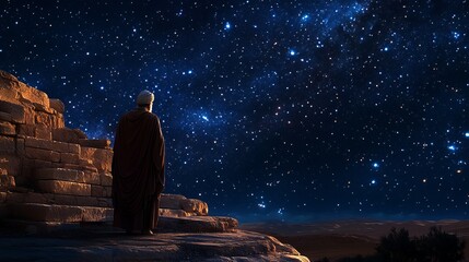 Abraham looking at the sky full of stars, Gods promise of descendants as numerous as the stars, clear night sky, serene and reflective atmosphere