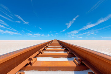 Railway tracks stretching toward the horizon under a clear blue sky in a tranquil desert landscape